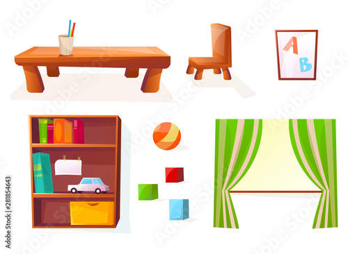 Furniture for the interior of the children or kids room. Isolated Desk, chair , wardrobe with games, car and books , a ball, blocks , board for teaching, abc and window. Vector illustration