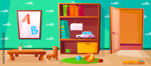 Playroom for kids or children with games, toys, abc. Interior with open door and wardrobe. Elementary school class with table for studying. Wallpaper with cloud illustration.