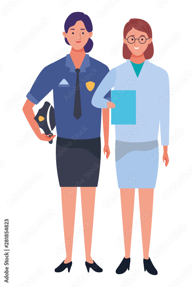 Professionals workers couple smiling cartoons Professionals workers couple smiling cartoons