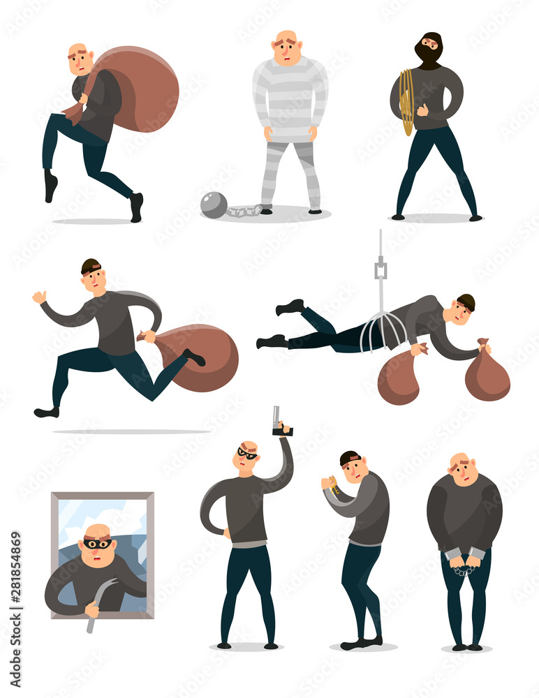 Set of modern burglar character in different crime situation Set of modern burglar character in different crime situation