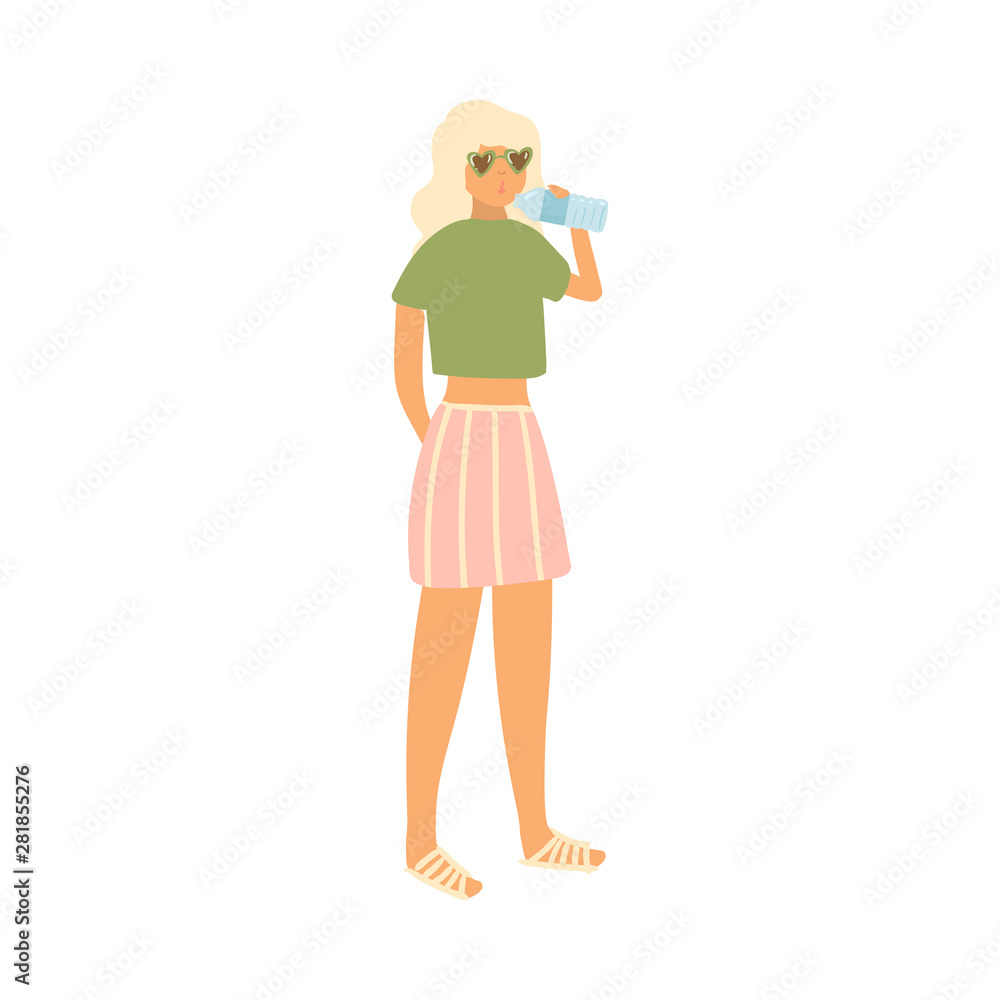Cute blonde girl with sunglasses drink water at the beach Cute blonde girl with sunglasses drink water at the beach