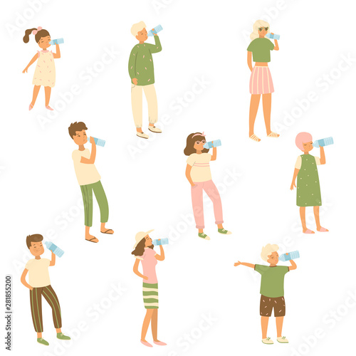 Set of different characters kid, woman, man that drinks water from bottle