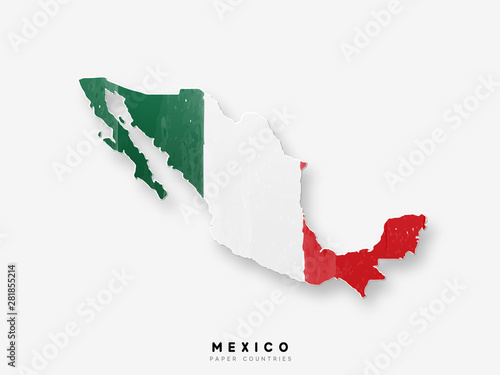 Mexico detailed map with flag of country. Painted in watercolor paint colors in the national flag