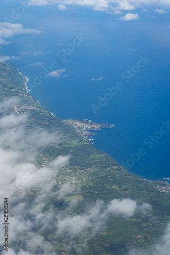Aerial view from a turboprop airplane   the Azores Islands and the Atlantic Ocean  Portugal