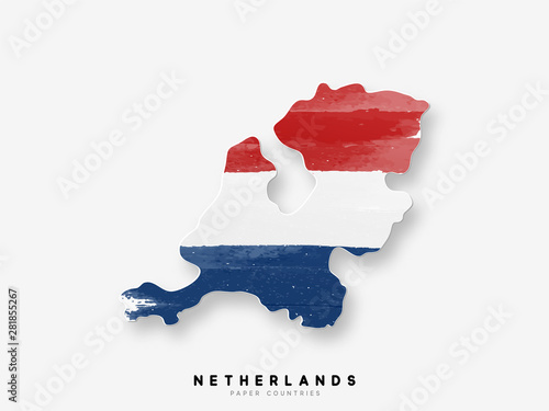 Netherlands detailed map with flag of country. Painted in watercolor paint colors in the national flag