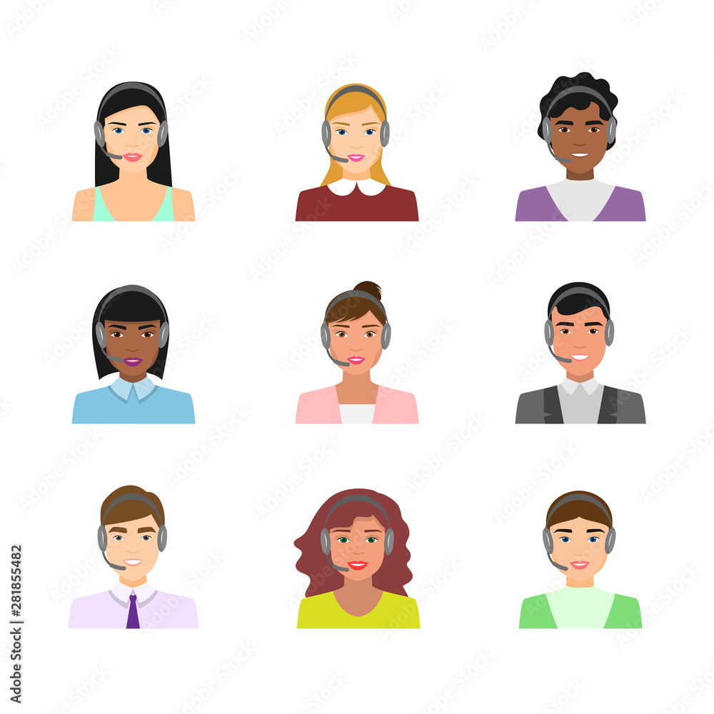 Set of call center workers avatars in modern clothes Set of call center workers avatars in modern clothes