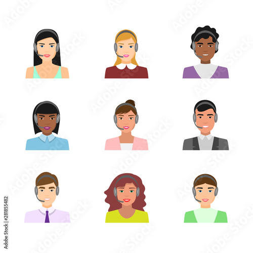 Set of call center workers avatars in modern clothes