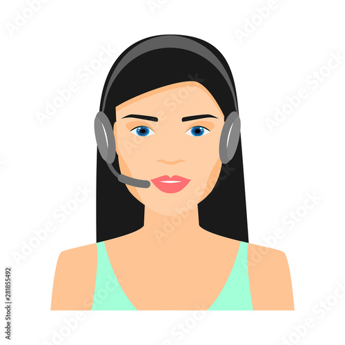 Cute brunette long hair woman with headphones, call center