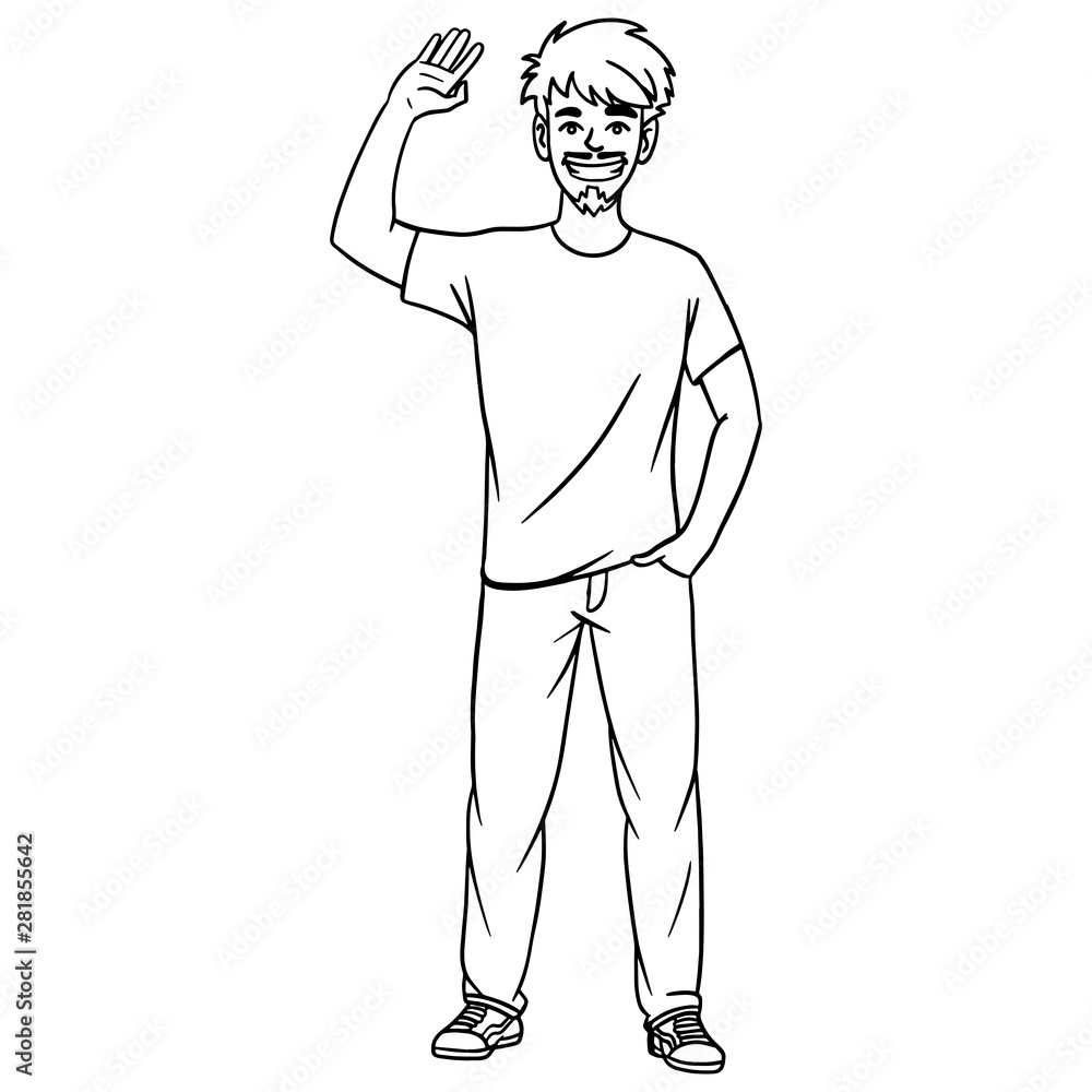 outline illustration of a boy raising his hand in greeting. vector, doodle, outline, character. outline illustration of a boy raising his hand in greeting. vector, doodle, outline, character.