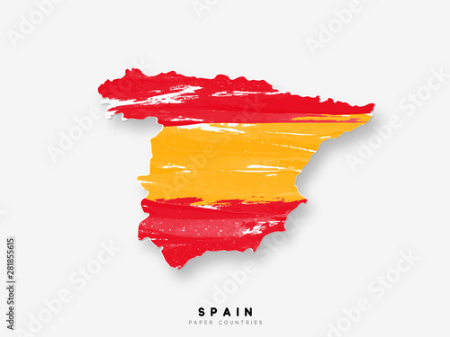 Spain detailed map with flag of country. Painted in watercolor paint colors in the national flag