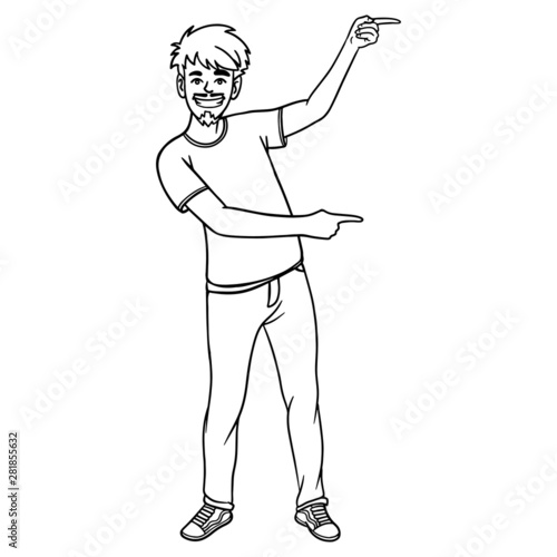 young man pointing with both fingers on something. outline illustration, vector, comic.