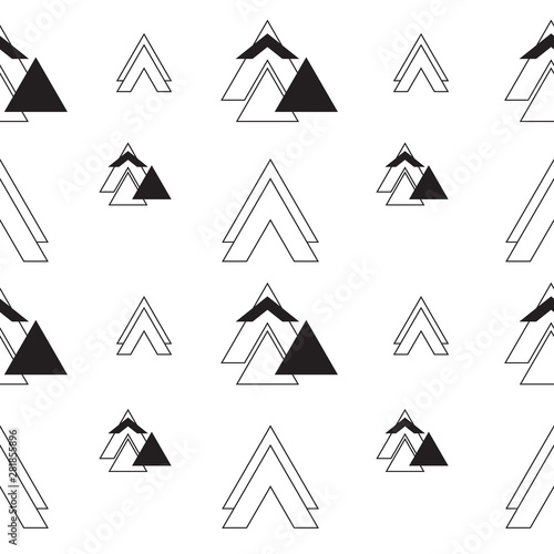 Geometric silhouette of hills and mountains. Abstract mountain pattern. Vector seamless illustration. Black-and-white graphics on the white isolated background. Triangles arrangement.