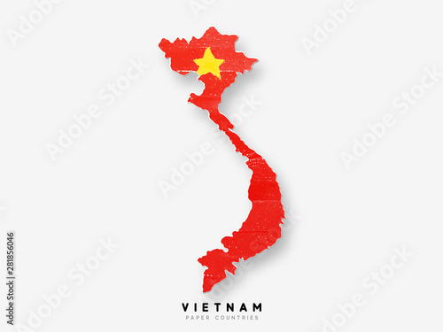 Vietnam detailed map with flag of country. Painted in watercolor paint colors in the national flag