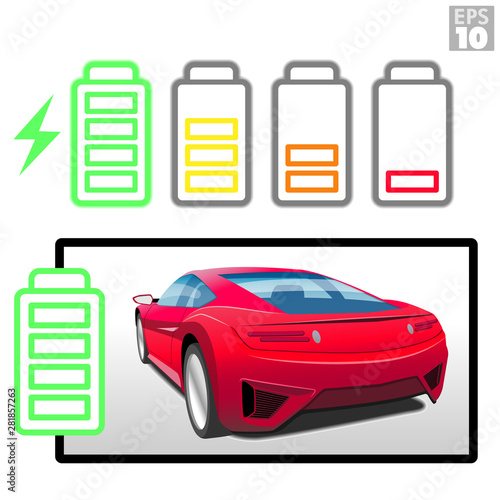 A red electric powered sports car with different rechargeable battery level icons.
