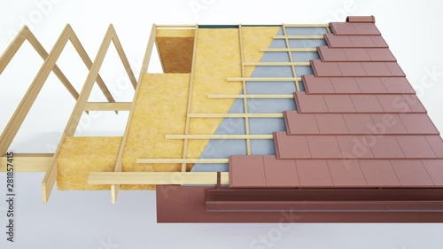 Technical cutaway of roof construction, constructive and technological layers, brown tiles. 60 fps animation.
