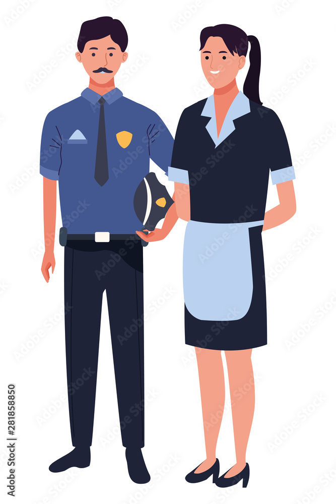 Professionals workers couple smiling cartoons Professionals workers couple smiling cartoons