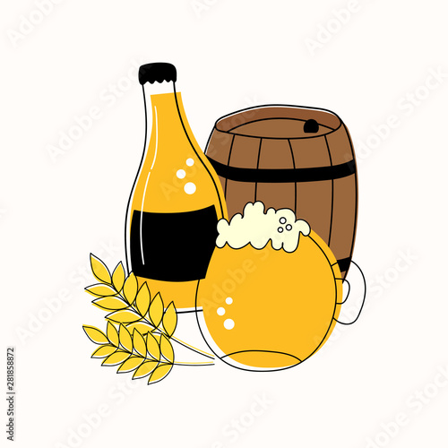 Outline set of mug and bottle of beer, barrel and wheat isolated on white background
