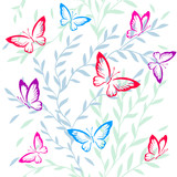 The seamless background is graceful twigs with butterflies. Vector