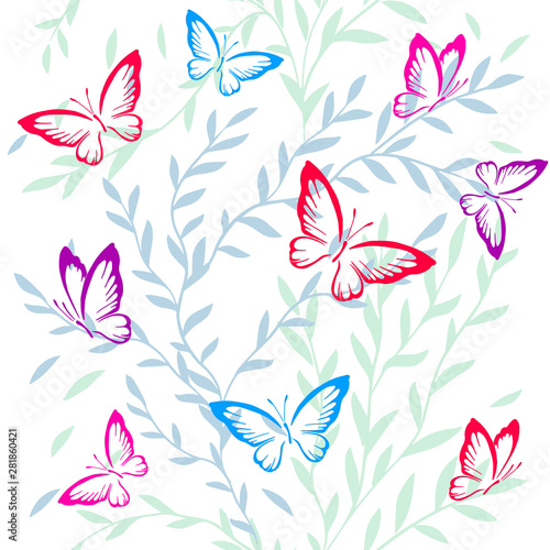 The seamless background is graceful twigs with butterflies. Vector