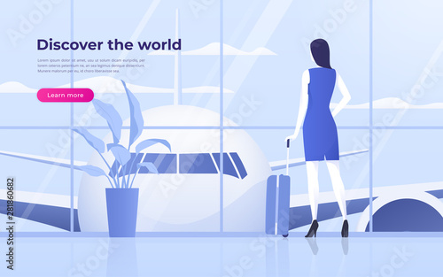 Vector illustration of a traveling young woman looking at the plane at the airport terminal