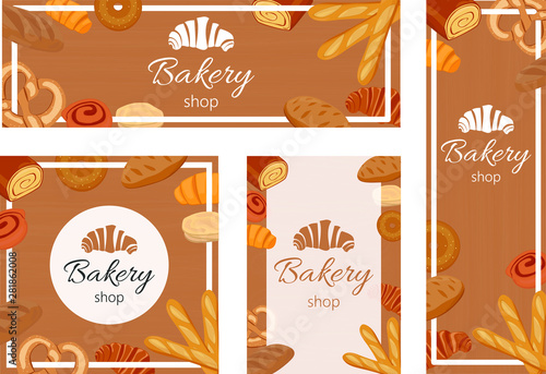 Set of vector bakery banners and cards, cartoon style elements, design for pastry shop.