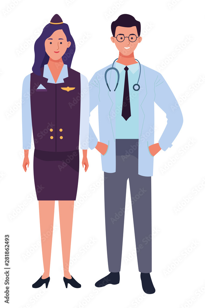 Professionals workers couple smiling cartoons Professionals workers couple smiling cartoons