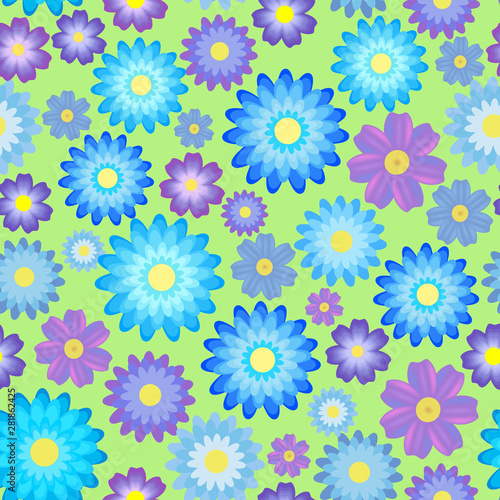Seamless pattern  blue and violet flowers on green background