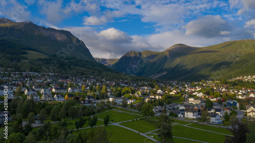 Orsta Norway cityscape. Panoramic aerial view from drone at sunset in july 2019