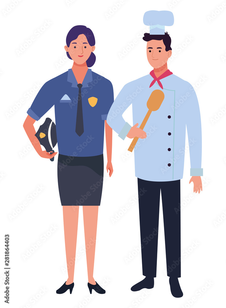 Professionals workers couple smiling cartoons Professionals workers couple smiling cartoons