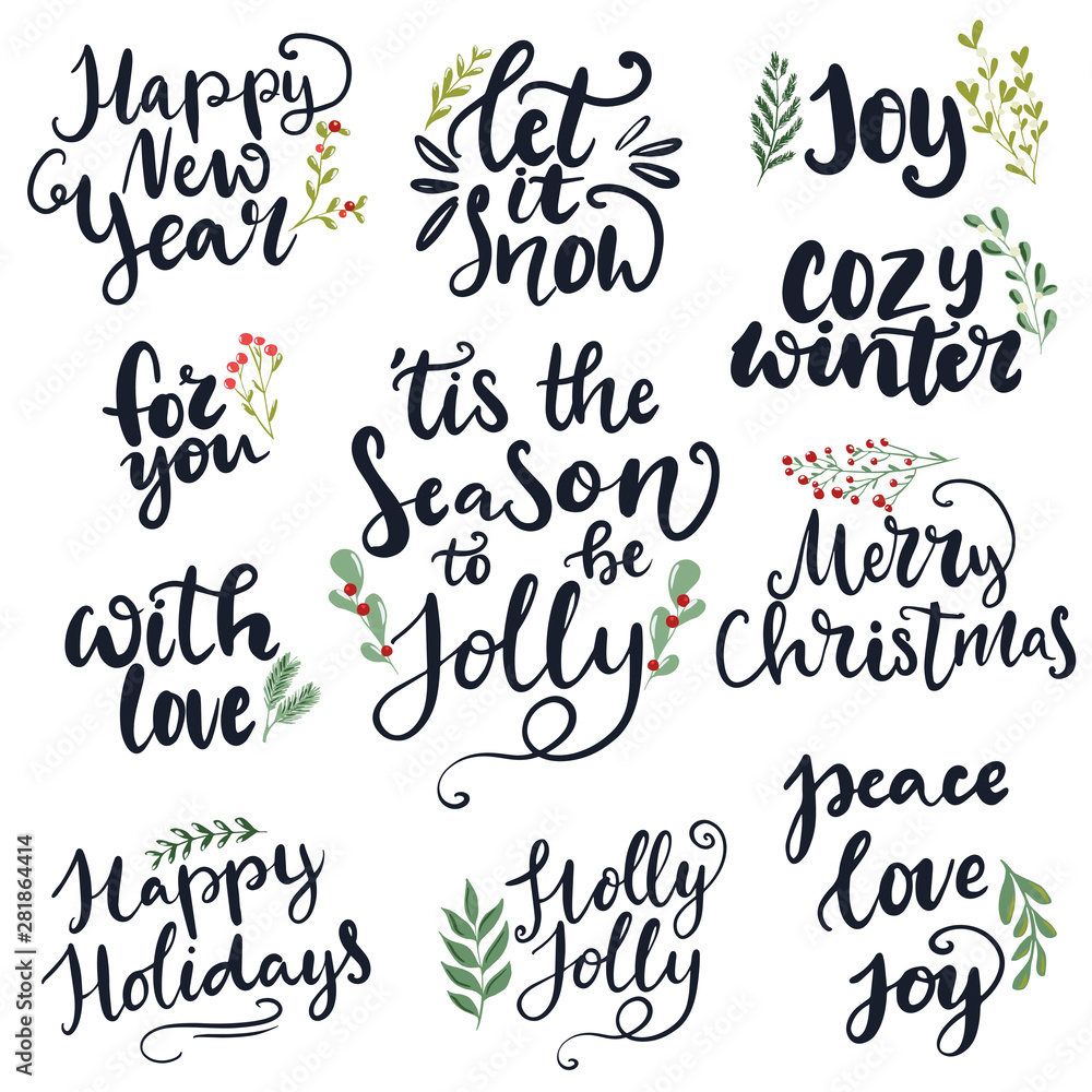 Set of hand written lettering typography phrases about Merry Christmas and Happy New year. 'Tis the season to be jolly, holly jolly, peace, love, joy words for cards, posters, banners Set of hand written lettering typography phrases about Merry Christmas and Happy New year. 'Tis the season to be jolly, holly jolly, peace, love, joy words for cards, posters, banners
