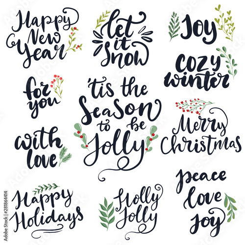 Set of hand written lettering typography phrases about Merry Christmas and Happy New year. 'Tis the season to be jolly, holly jolly, peace, love, joy words for cards, posters, banners