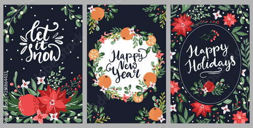 Set of hand drawn Merry Christmas greeting cards with hand lettering typography words and floral branches and flowers. Modern scandinavian style in traditional colors