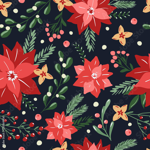Seamless pattern with hand drawn poinsettia flowers and floral branches and berries, mistletoe, christmas florals. Repeating background for wrapping paper, fabric, stationary products decoration.