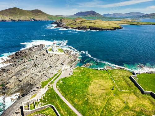Beautiful view of Valentia Island Lighthouse at Cromwell Point. Locations worth visiting on the Wild Atlantic Way. County Kerry, Ireland.