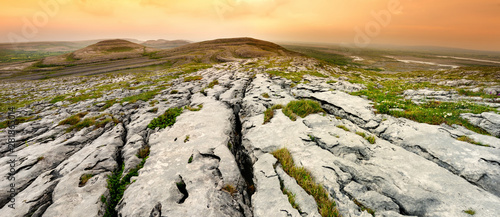 Spectacular landscape of the Burren region of County Clare, Ireland. Exposed karst limestone bedrock at the Burren National Park.