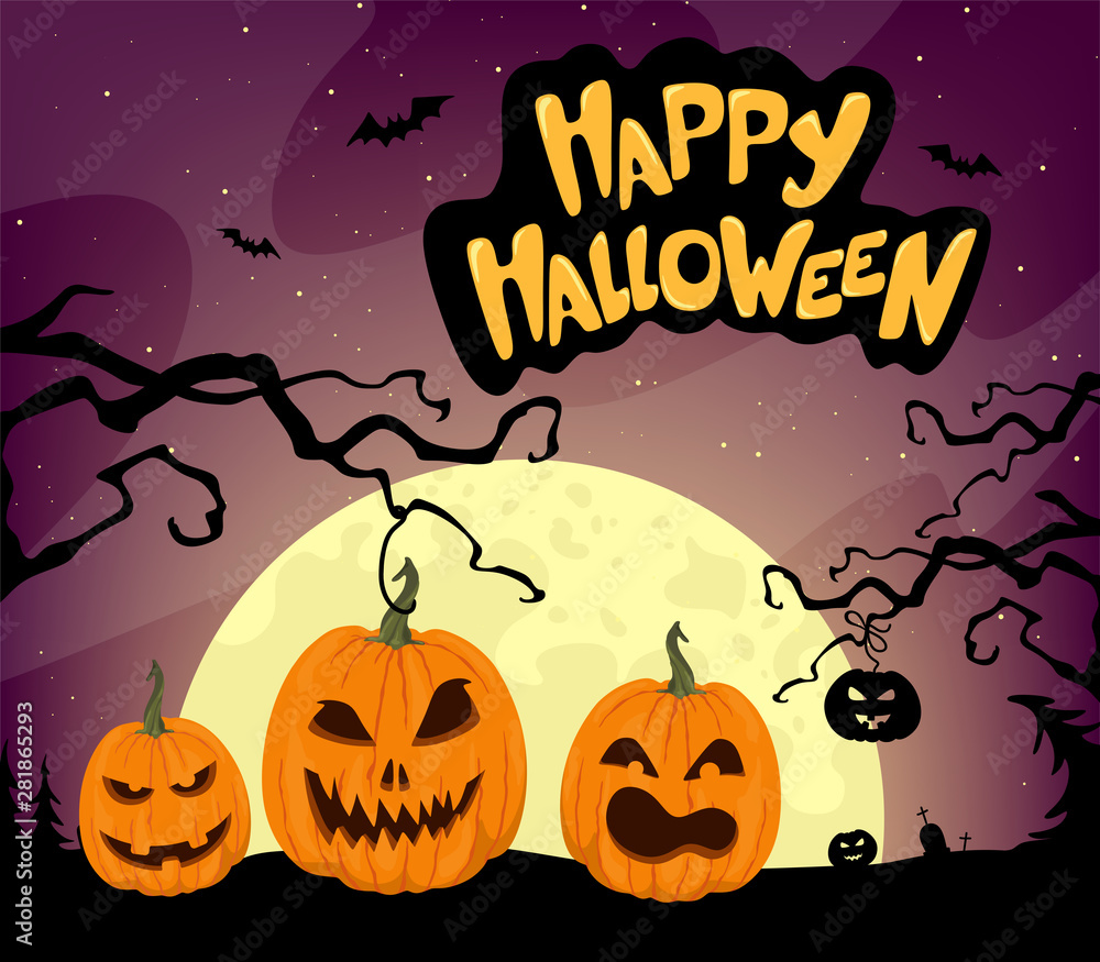 Happy Halloween background. Pumpkin   with a moon, scary trees and handwritten text. Vector illustration in cartoon style.