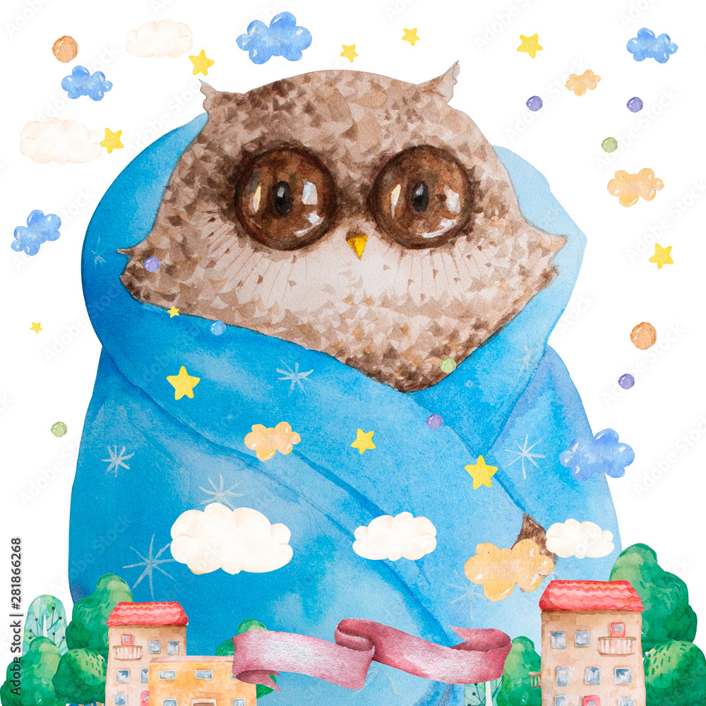 Watercolor cartoon isolated cute baby owl animal with flowers. Forest ...