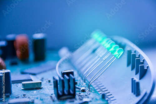 Soft focus. Radio components on a printed circuit board. Close-up photo. Radio engineering background.