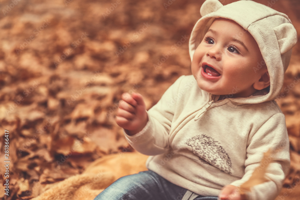 Cute child in the autumn forest Cute child in the autumn forest