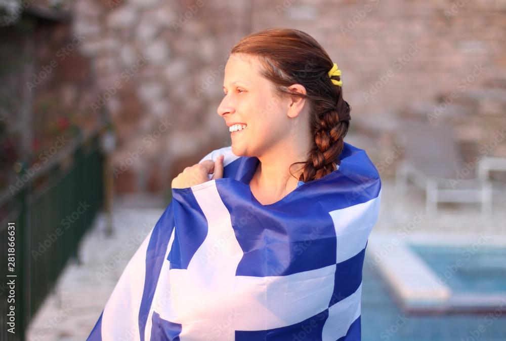 Happy Woman Holding A Greek Flag