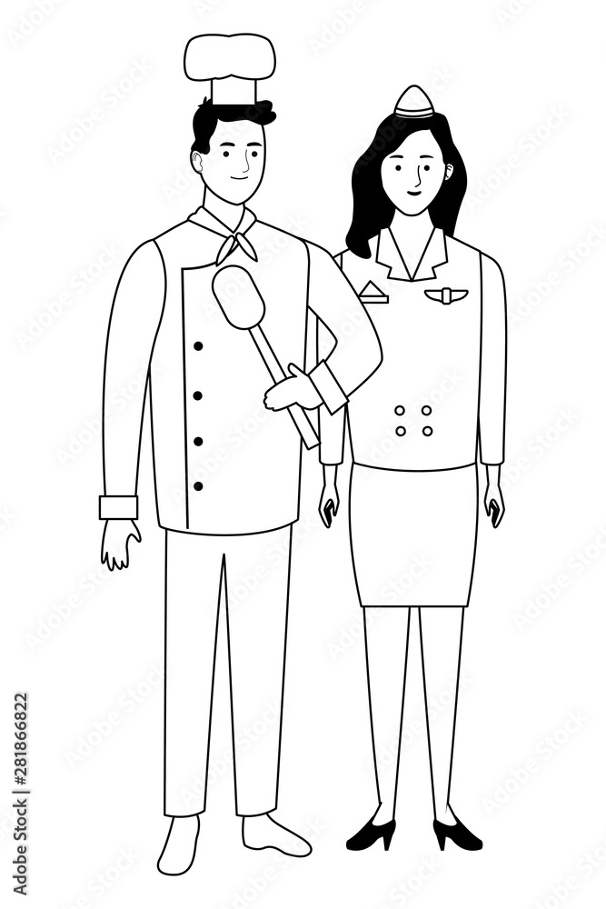 Professionals workers couple smiling cartoons in black and white Professionals workers couple smiling cartoons in black and white
