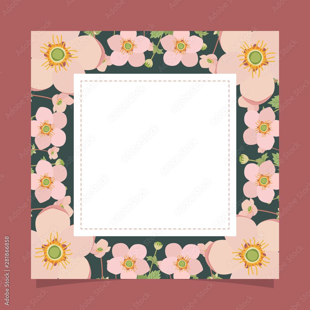 Floral greeting card and invitation template for wedding or birthday, Vector square shape of text box label and frame, Pink botanical flowers wreath ivy style with branch and leaves.