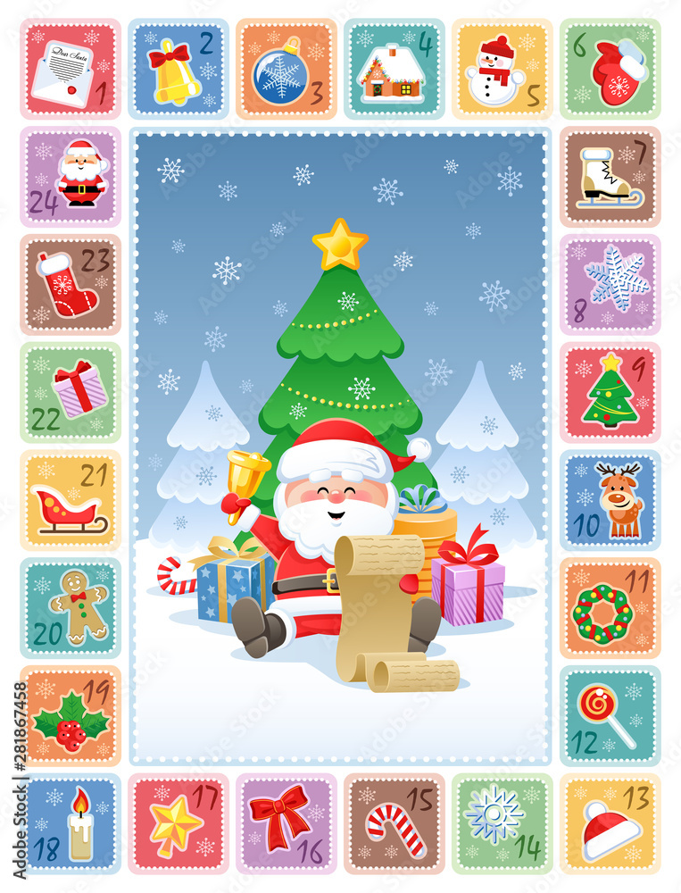 Christmas Advent Calendar with cute Santa Claus and Christmas decorations. Vector illustration. Flat design without transparency. Christmas Advent Calendar with cute Santa Claus and Christmas decorations. Vector illustration. Flat design without transparency.