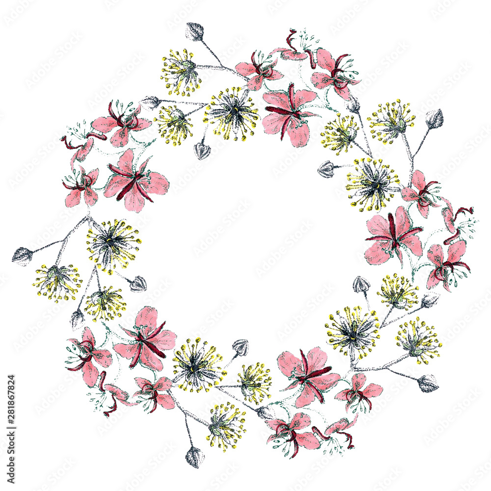 Pointelism wreath of linden and fireweed flowers using markers