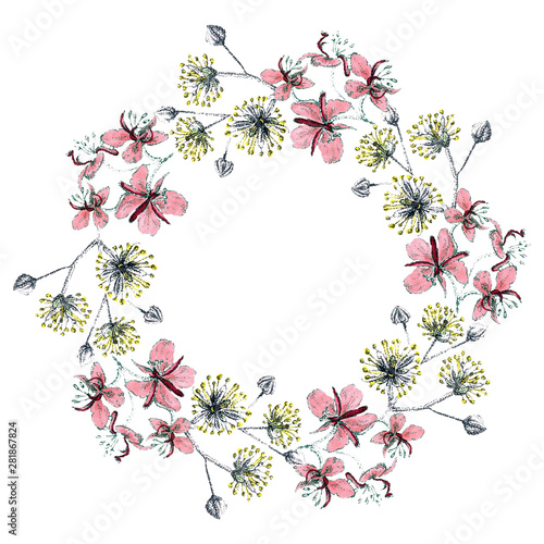 Pointelism wreath of linden and fireweed flowers using markers