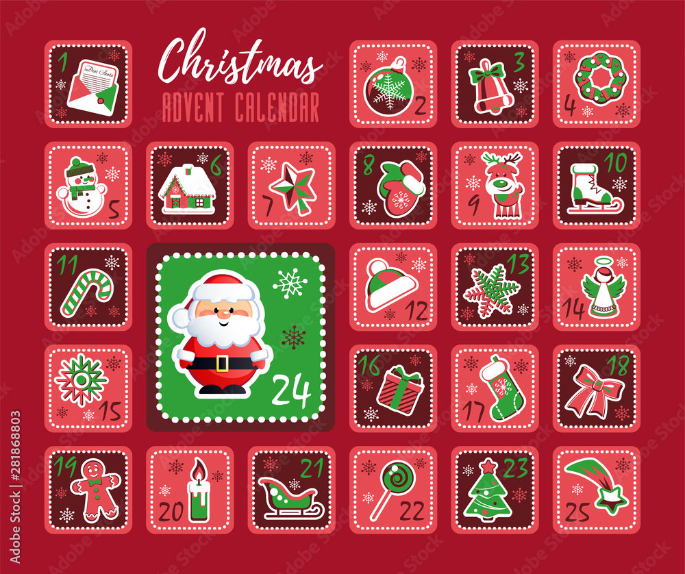 Christmas Countdown Advent Calendar with Christmas decorative icons and cute Santa Claus. Vector illustration without transparency.