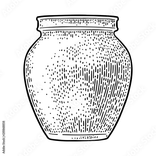 Clay jar for jam or honey. Vector vintage black engraving