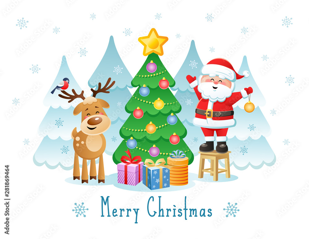 Merry Christmas. Greeting card with funny Santa Claus, Deer and Bullfinch. Vector illustration without transparency.