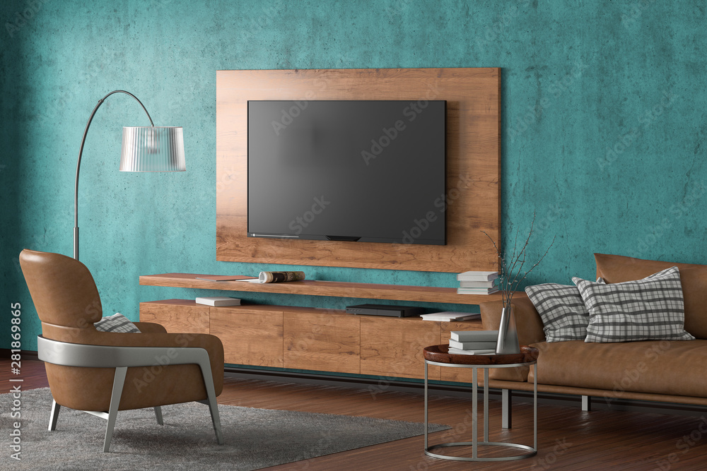 TV on the wall of modern living room