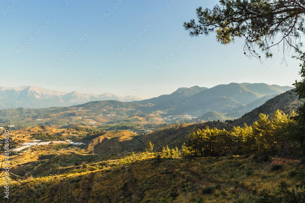 Mountains and valley panorama in the morning near Kemer, Kumluca, Turkey